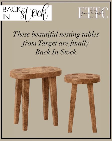 Back In Stock. Follow @farmtotablecreations on Instagram for more inspiration.

These gorgeous nesting tables from Target are finally back in stock. I absolutely love these. 

Woodland Carved Wood Accent Table Brown - Threshold

Target Home Finds | Loloi Rugs | Hearth & Hand Magnolia | console table | console table styling | faux stems | entryway space | home decor finds | neutral decor | entryway decor | cozy home | affordable decor |  home decor | home inspiration | spring stems | spring console | spring vignette | spring decor | spring decorations | console styling | entryway rug | cozy moody home | moody decor | neutral home | summer decor 

#LTKStyleTip #LTKHome #LTKFindsUnder100