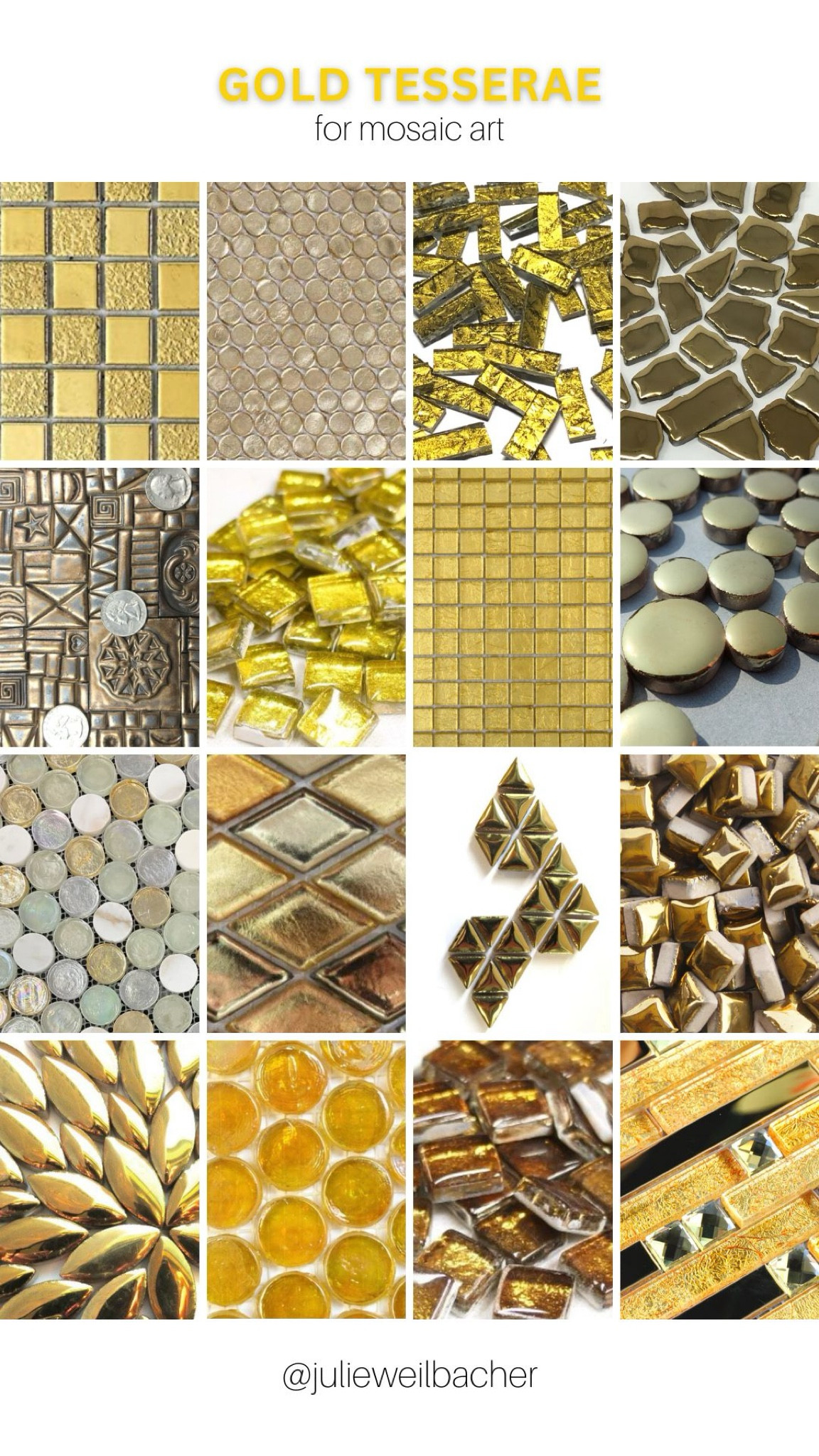 Sharing a collection of tesserae to use in mosaic art. 🌟 This collection includes glass and ceramic in metallic, iridescent, shiny, and matte. 🌟 For mosaic tips, tutorials, inspiration, and so much more please visit my YouTube channel: YouTube.com/julieweilbacher. Follow @julieweilbacher on Instagram for all things mosaic art. metallic gold - iridescent - gold - mosaic - penny tile - stained glass - ceramic tile - mosaic art - craft supplies - wall tile - glass penny tile - handmade ceramics - gold diamonds

#LTKHome #LTKFindsUnder100