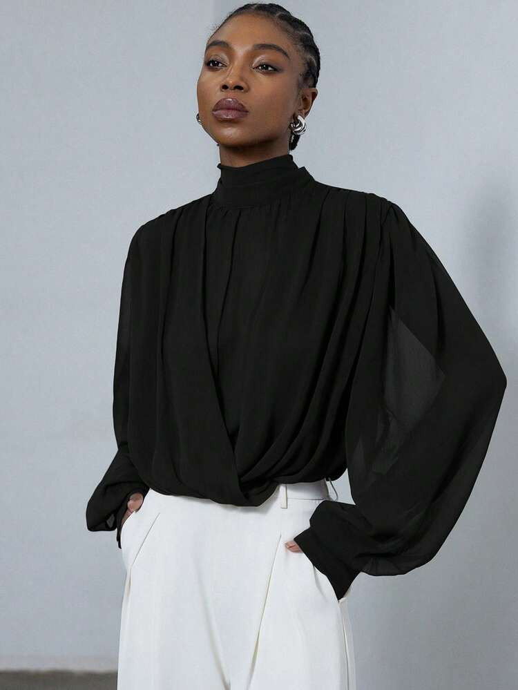 Aveloria Modichic Chocolate Brown Mock Neck Sheer Blouse, Lightweight Chiffon Fabric, Wrap Front Design, Oversized Puff Sleeves, Versatile Wear, Suitable For Commute, Date, Party, Urban Semi-Formal Outfits | SHEIN