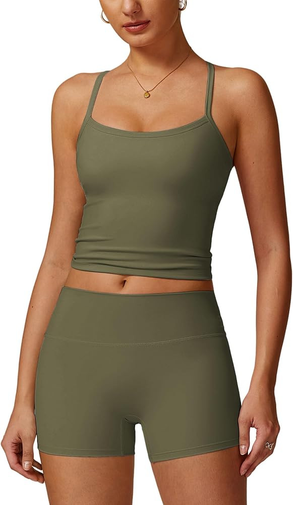 ABOCIW 2 Pieces Workout Sets for Women, Cross Back Tank Top Matching High Waist Biker Shorts, Gym... | Amazon (US)