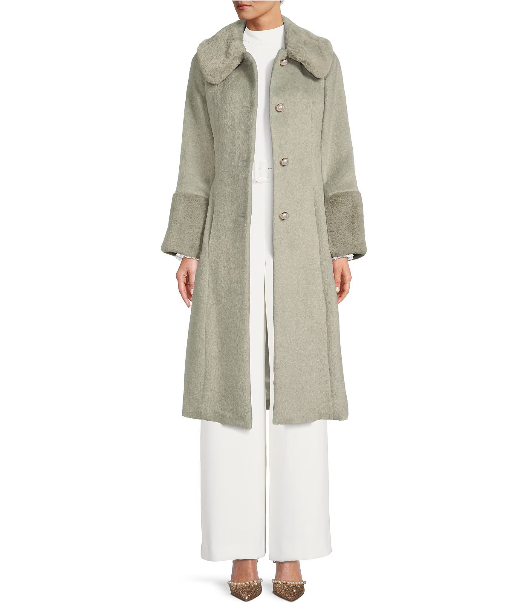 x Nicola Bathie Vivienne Wool Blend Long Sleeve Faux Fur Single Breasted Pearl Button Front Long ... | Dillard's