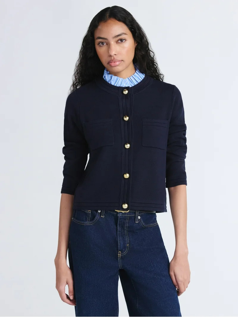 Free Assembly Women's and Women's Plus Ruffle Neck Chest Pocket Cardigan, Sizes XS-4X | Walmart (US)