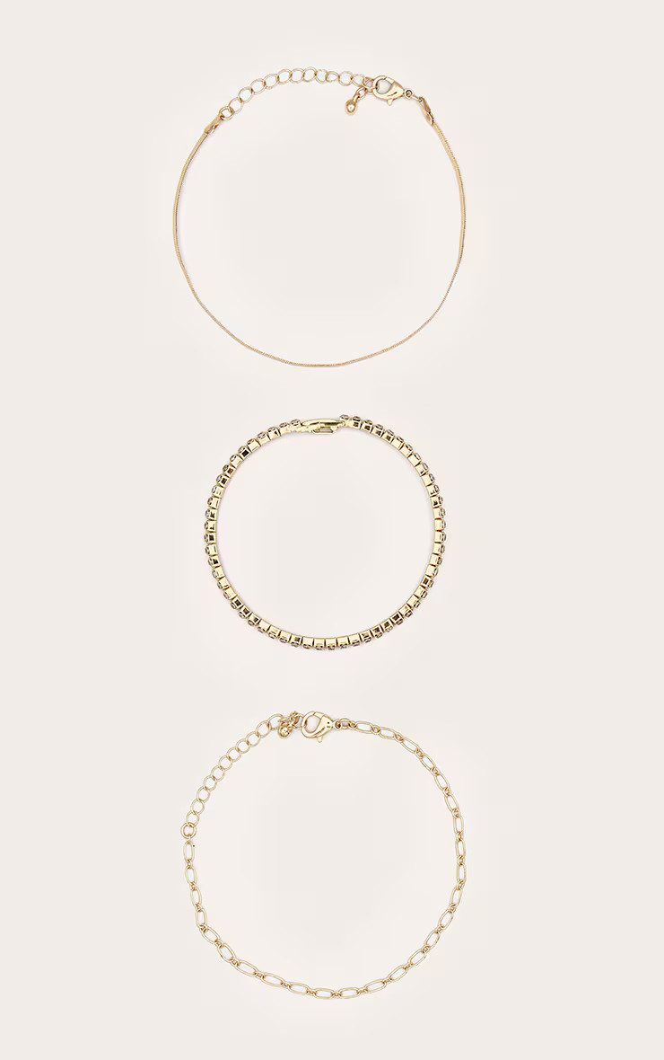 Gold Diamante Bangle & Chain MultiPack Bracelet | PrettyLittleThing US