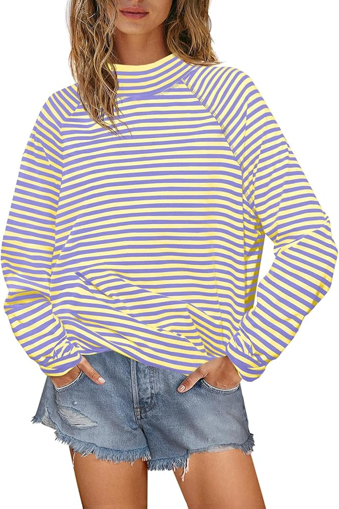 Yanekop Womens Striped Mock Neck Shirts Oversized Long Sleeve Tops Casual Pullover Tops Fall Fash... | Amazon (US)