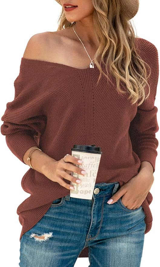 Iandroiy Women's Batwing Sleeve Dolman Ribbed Knit Sweaters Oversized V-Neck Pullover Tops | Amazon (US)