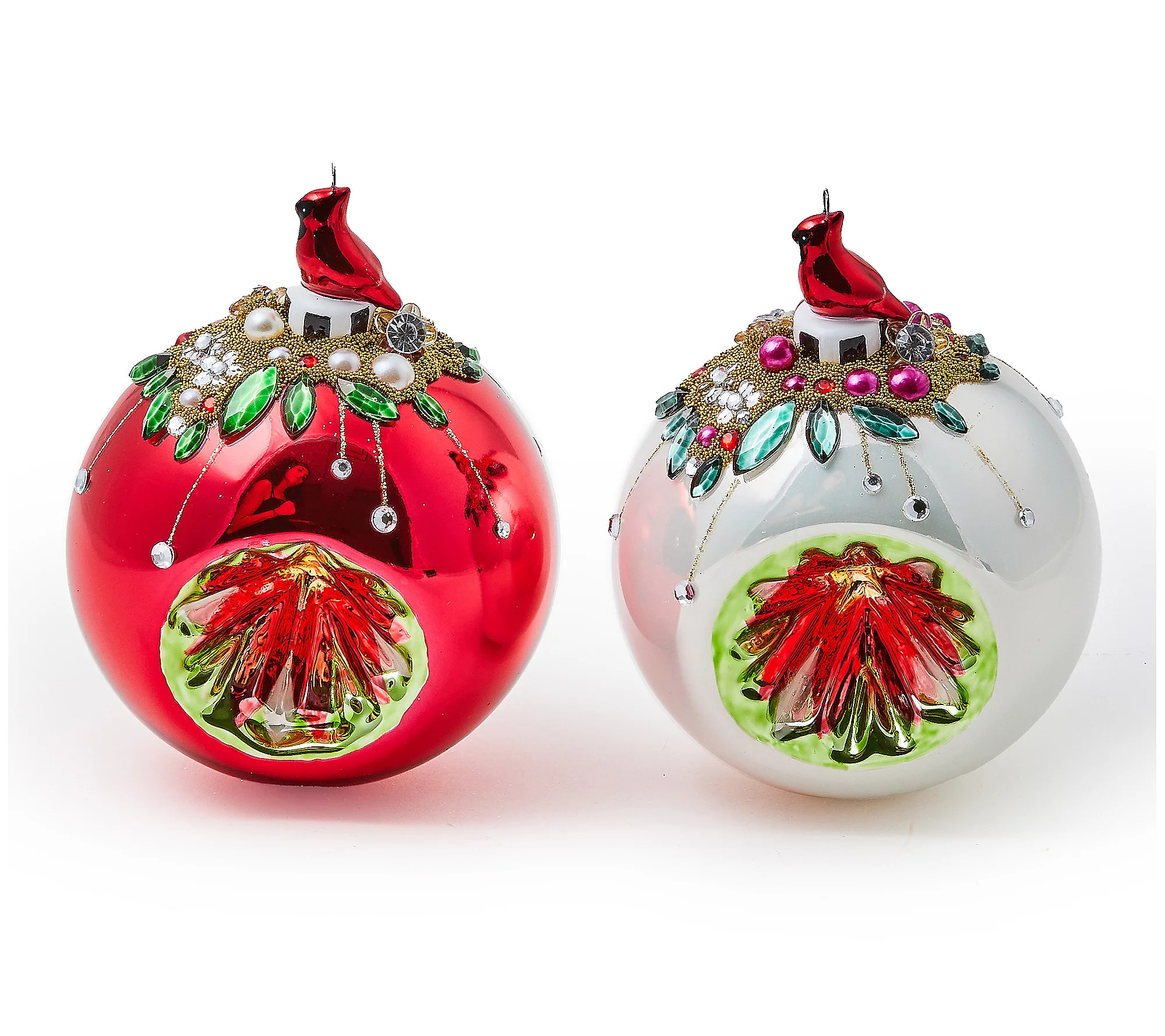 MacKenzie-Childs Cardinal Glass Reflector Ornam ents, Set of 2 | QVC