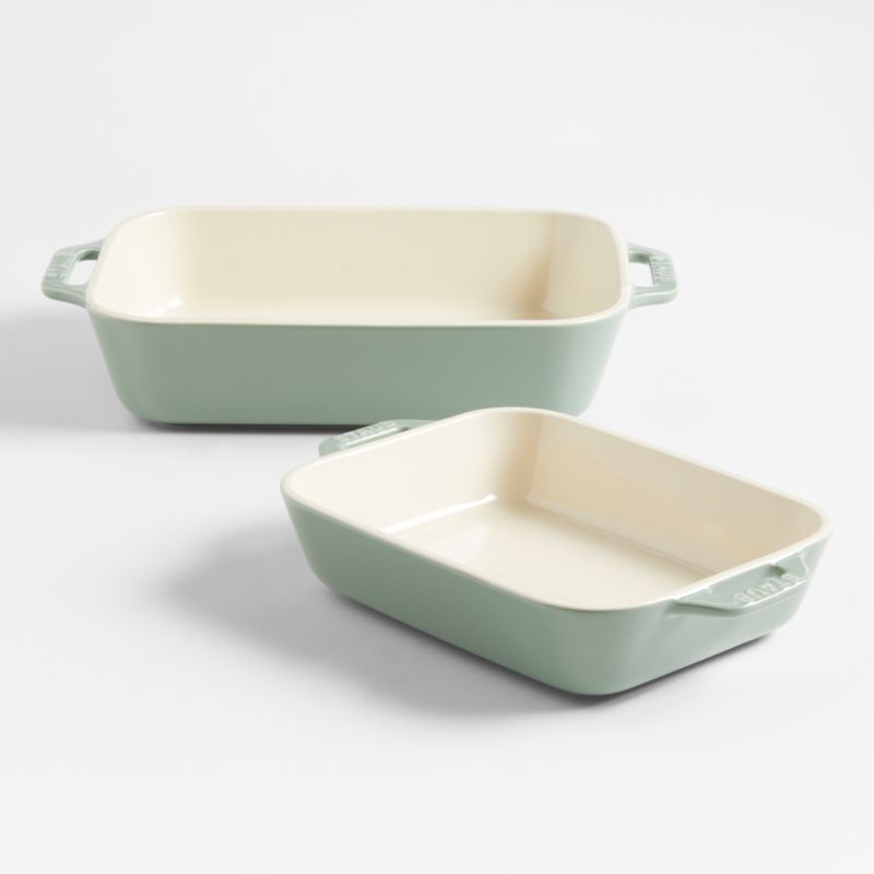 Staub 2-Piece Eucalyptus Green Ceramic Baking Dish Set + Reviews | Crate & Barrel | Crate & Barrel