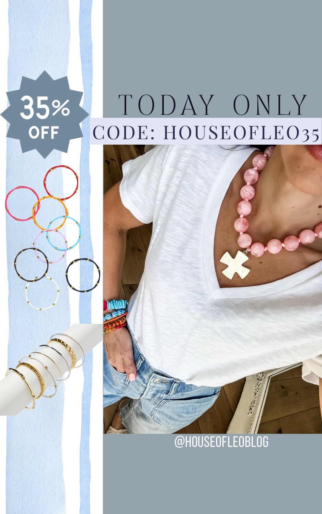 Code HOUSEOFLEO35 on 7/13. Code HOUSEOFLEO20 after. Cross necklace, beaded necklace, bangles.

#LTKSaleAlert #LTKOver40