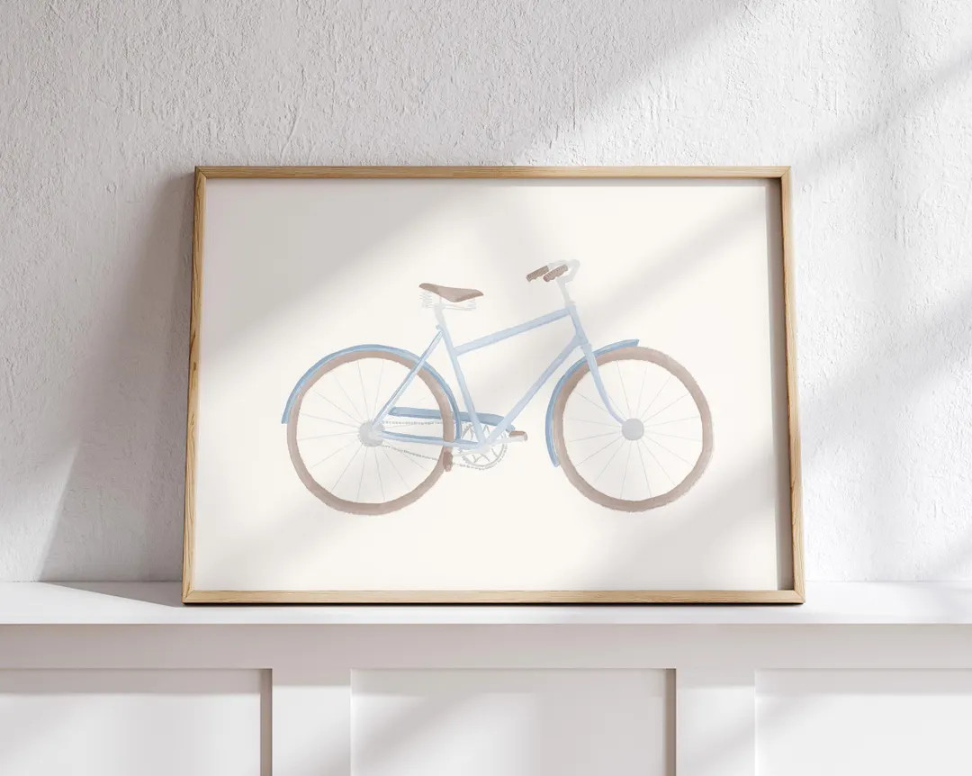 Blue Vintage Bicycle Print, Retro Bike Nursery Decor, Cycling Transportation Wall Art, Watercolor... | Etsy (US)