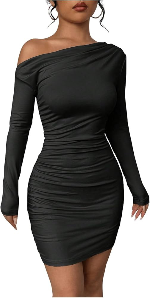 SOLY HUX Women's Ruched Bodycon Mini Dress Off The Shoulder Long Sleeve Fall Dresses | Amazon (US)