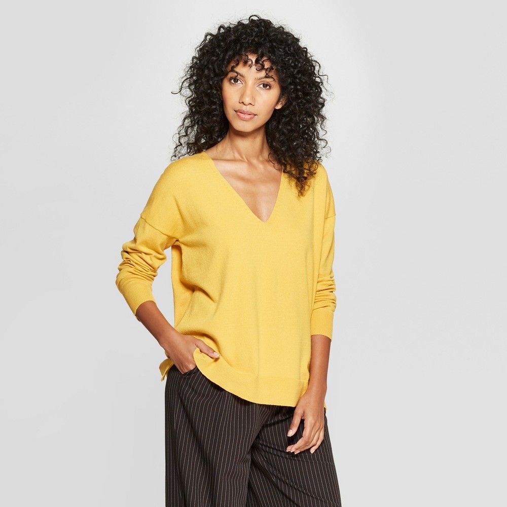 Women's Long Sleeve V-Neck Pullover Sweater - Prologue Yellow S | Target