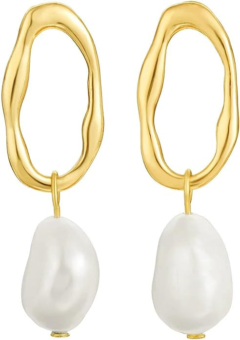 SPECCI Gold Pearl Drop Earrings, 18K Gold Plated Baroque Pearl Dangle Earrings Lightweight Hypoal... | Amazon (US)