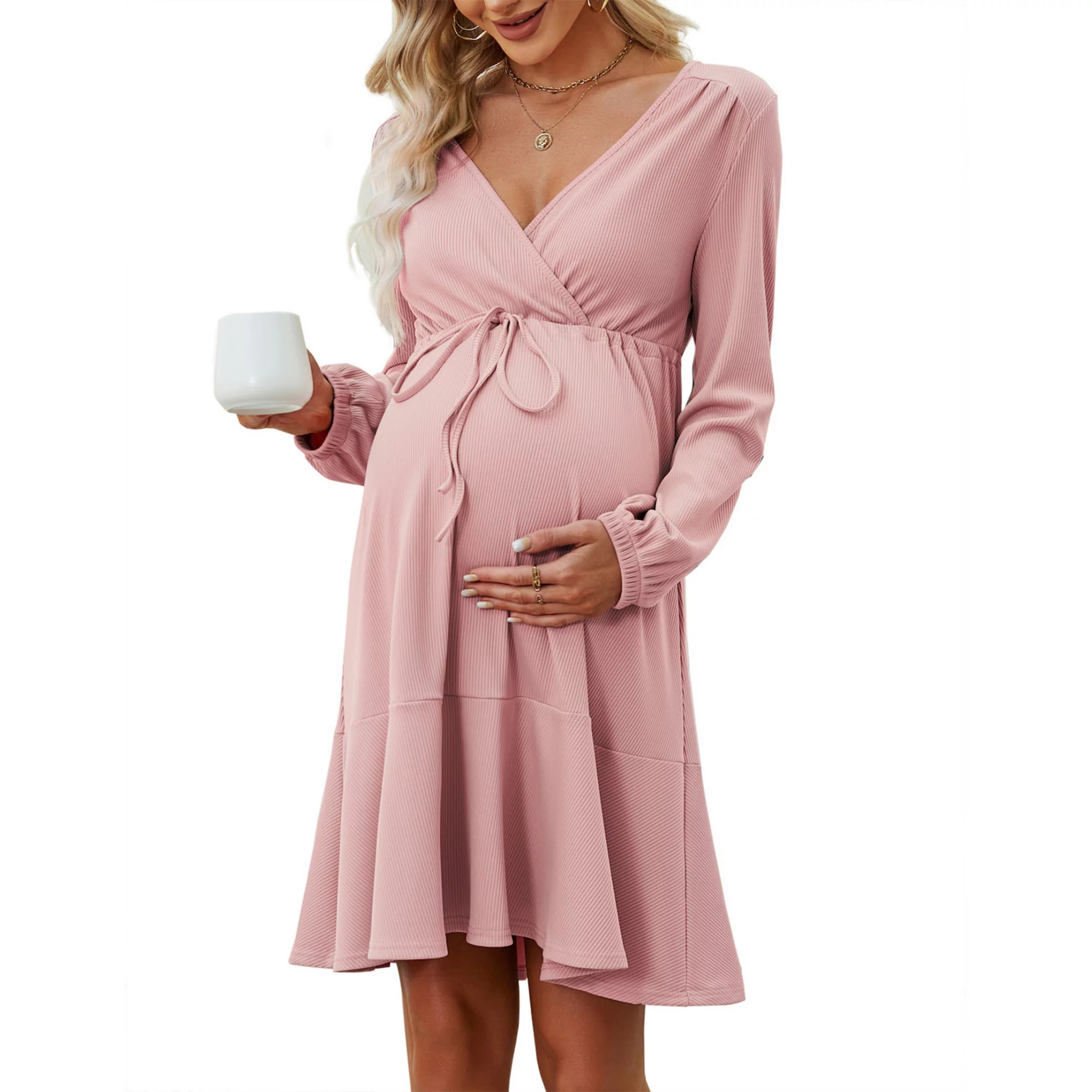 Women's Maternity Dress Long Sleeve Wrap Ribbed Drawstring Nursing Dress Ruffle Hem Lounge Dresse... | Kohl's