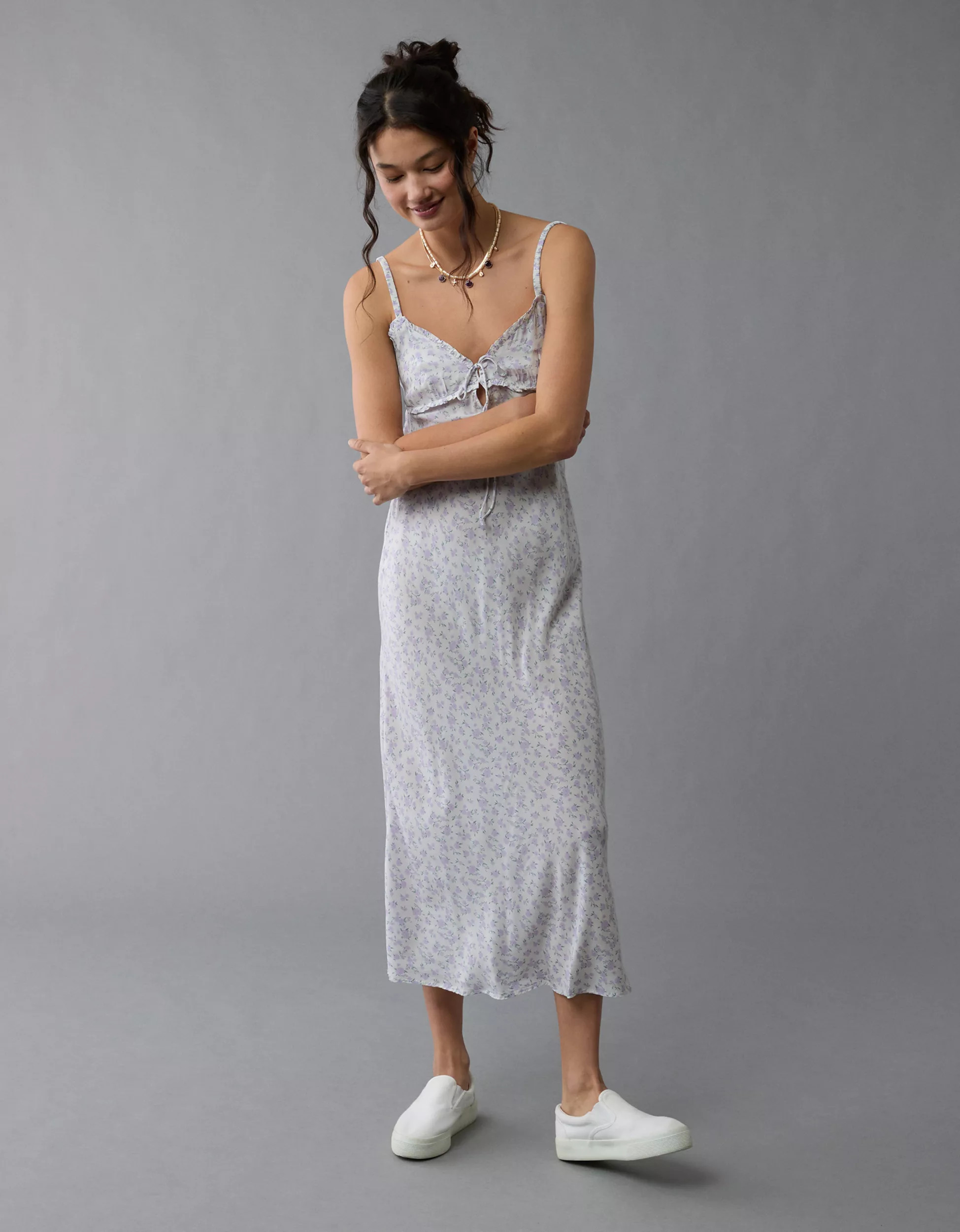 AE V-Neck Ruffle Midi Slip Dress | American Eagle Outfitters (US & CA)