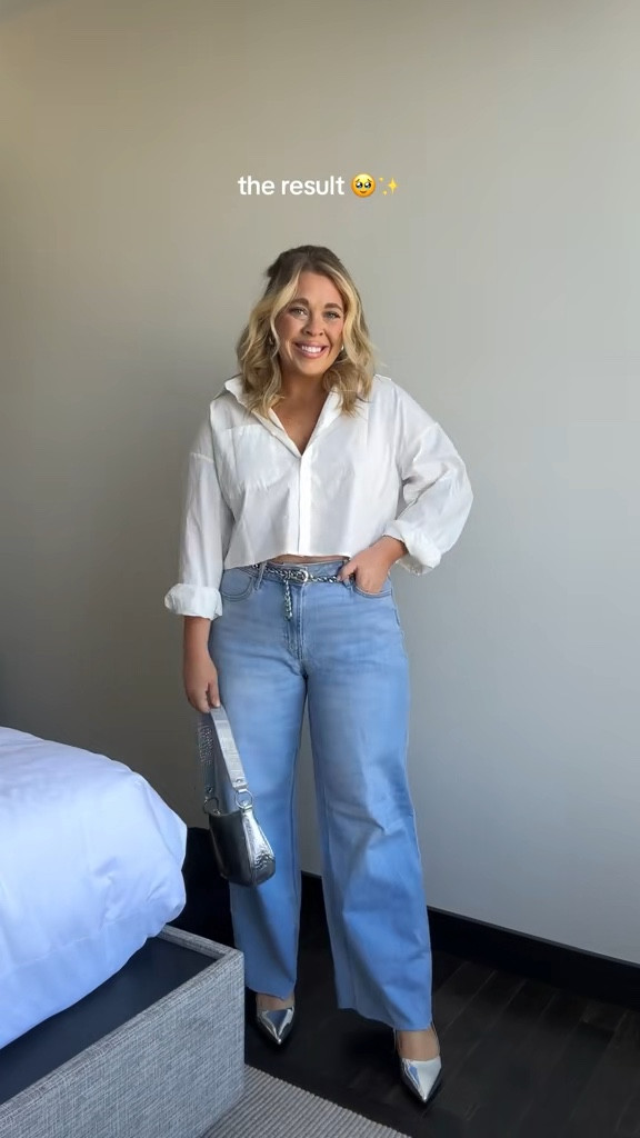 Midsize Fall Outfit 🍂🍁 Styling wide leg jeans as a size 12 girly 🩷