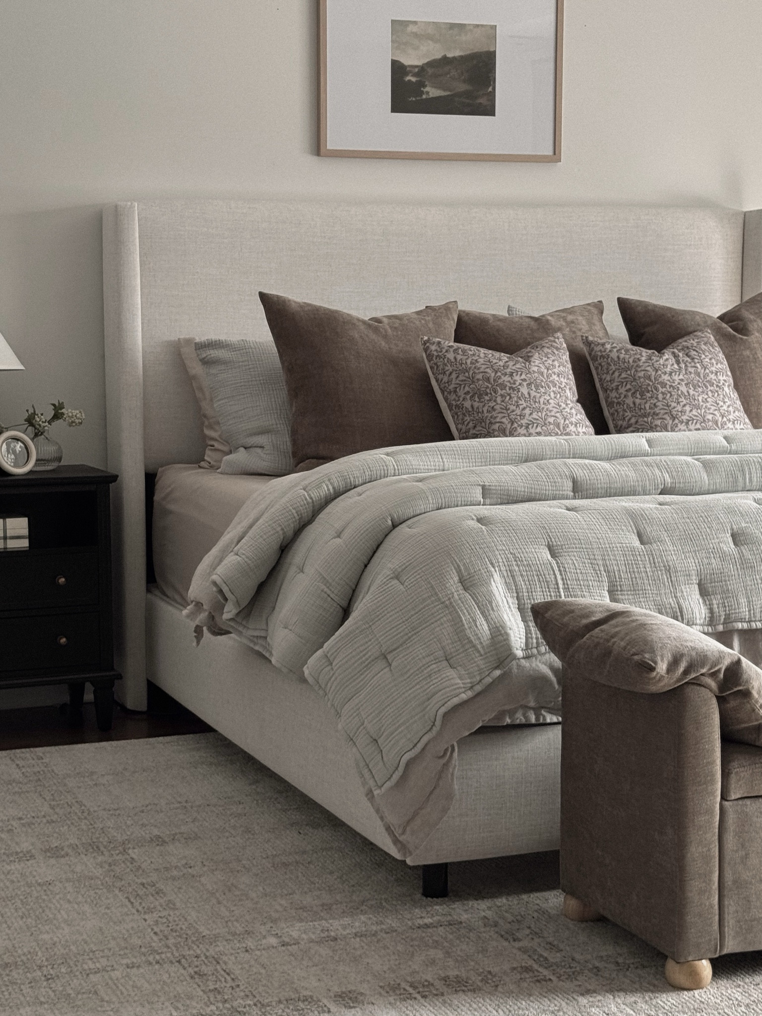 Bedding, bedroom decor, nightstand decor, bed bench, grow pillows, quilt, bedroom rug, art above bed, nightstand lamp

#LTKHome