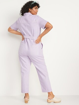 Short-Sleeve Cropped Tie-Belt Utility Non-Stretch Jean Jumpsuit for Women | Old Navy (US)
