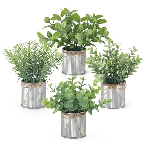 Mkono 4 Packs Small Fake Plants in Farmhouse Galvanized Pots Table Centerpiece Mini Potted Artificial Plants Faux Eucalyptus for Shelf Office Rustic Home Decor | Amazon (US)