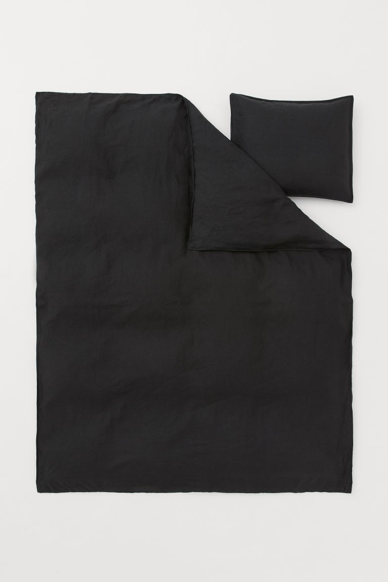 H & M - Washed Linen Duvet Cover Set - Black | H&M (US + CA)