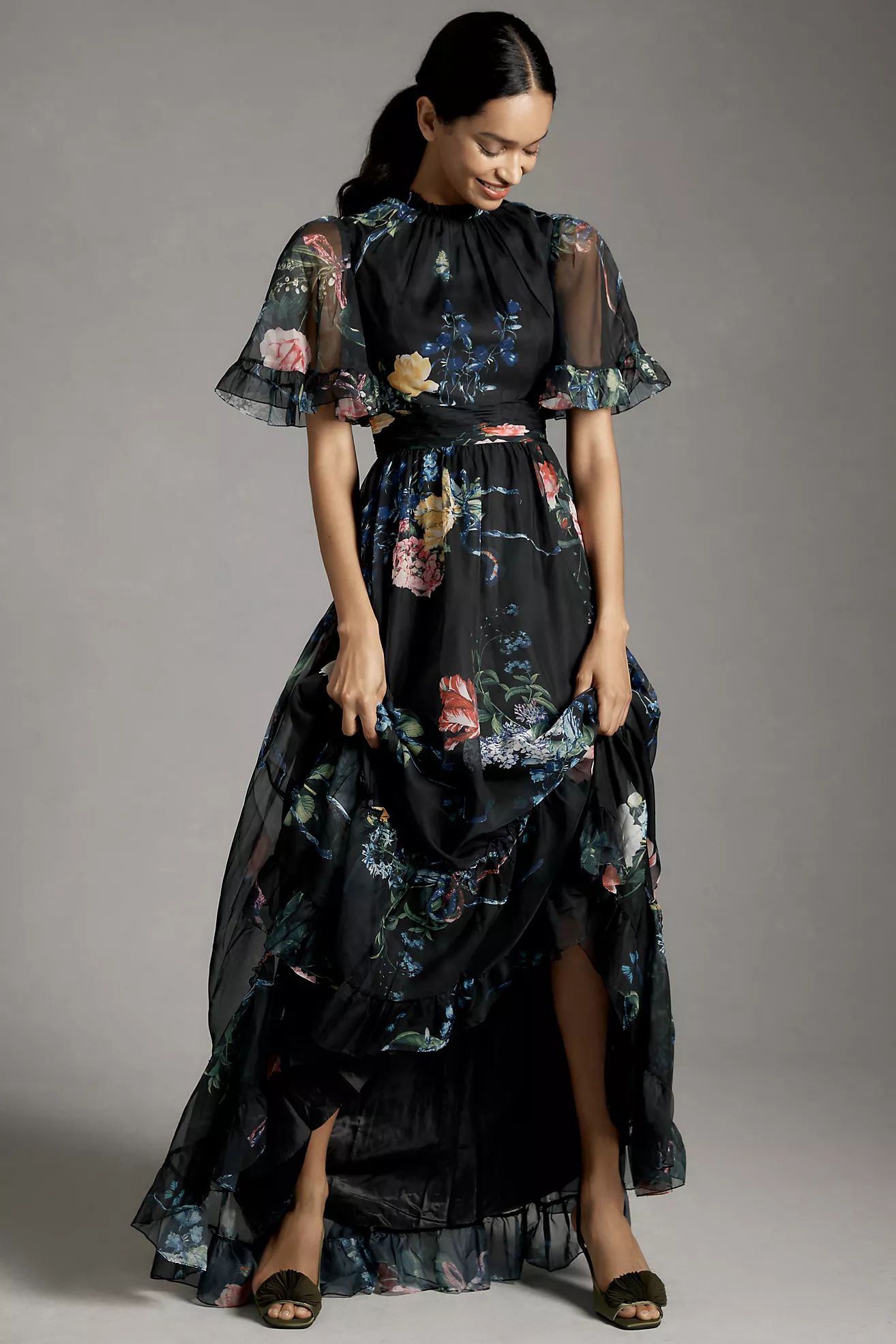 Mac Duggal Short-Sleeve Floral High-Low Ruffled Maxi Dress | Anthropologie (US)