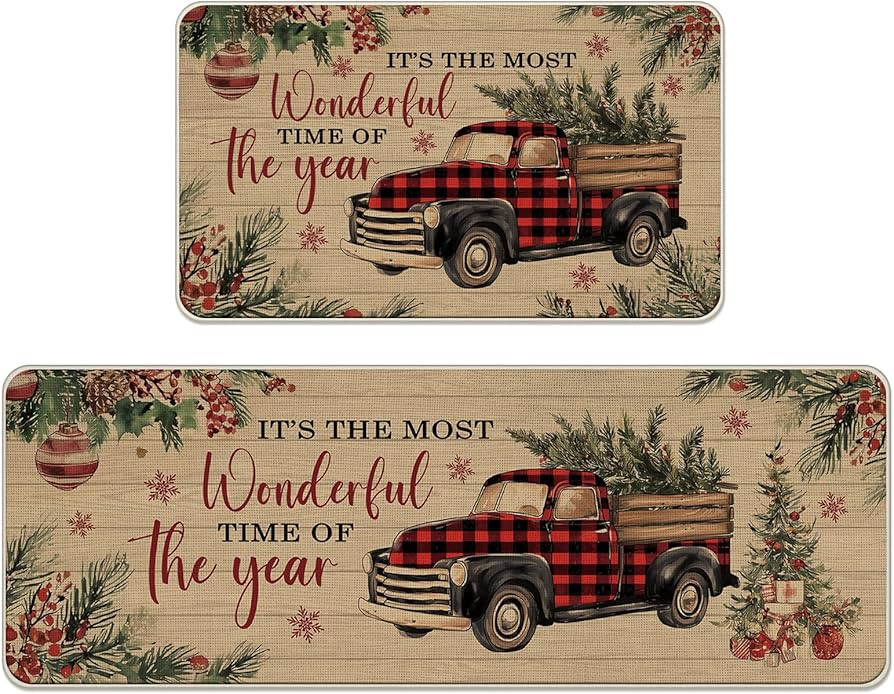 Christmas Buffalo Plaid Truck Kitchen Rugs Set of 2, Xmas Tree It's The Most Wonderful Time of Th... | Amazon (US)