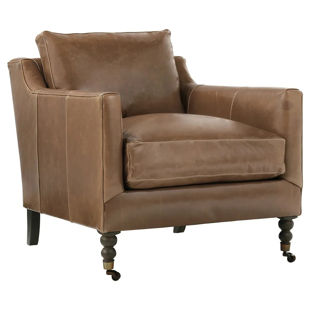 Madeline French Country Cocoa Brown Upholstered Leather Casters Arm Chair | Kathy Kuo Home