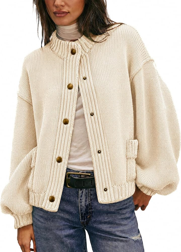 Relaxed fit button\u2011up knit jacket with functional pockets, balloon long sleeves, perfect for... | Amazon (US)