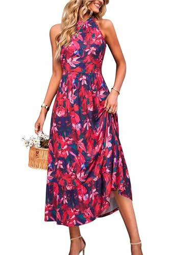 STYLEWORD Women's 2026 Summer Dress Maxi Vacation Floral Halter Neck Sleeveless Flowy Sundress with Pockets(Pink Abstract Flowers,M) | Amazon (US)