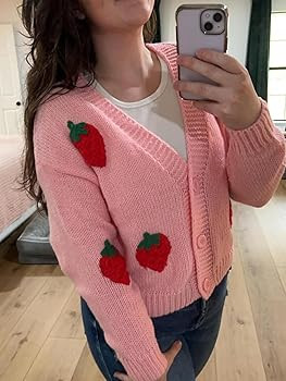 HOULENGS Women's Strawberry Print Button Down Long Sleeve V Neck Crop Cardigan Sweater | Amazon (US)