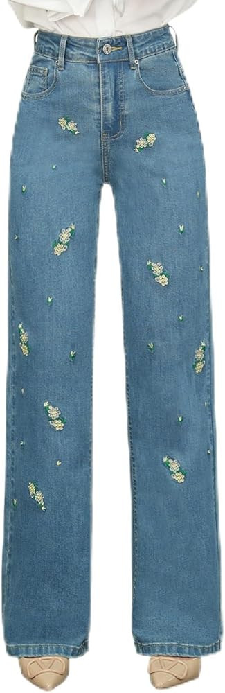 Women\u2019s High Waisted Embroidered Jeans, Floral Denim Wide Leg Pants, Stretch Vintage Casual ... | Amazon (US)