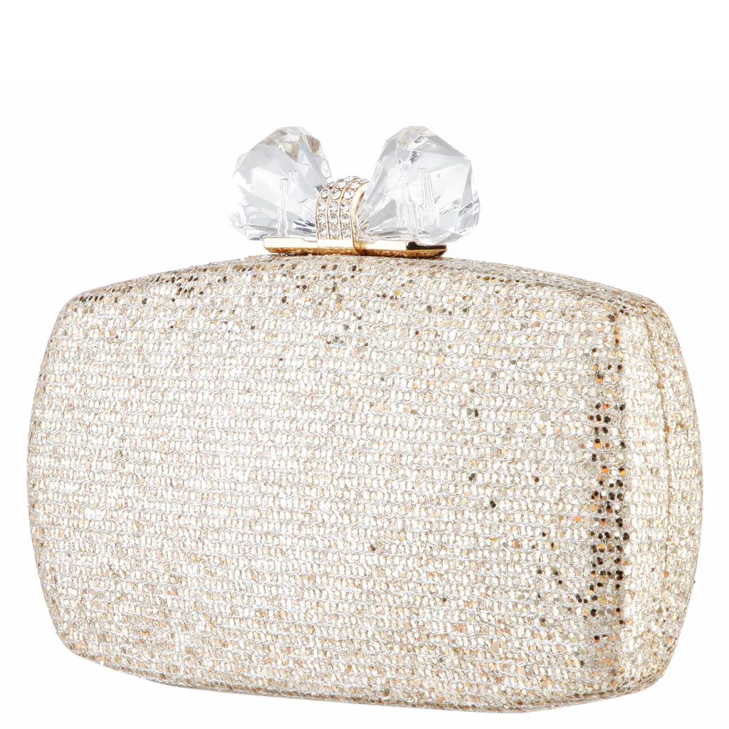 FELICE-GOLD GLITTER MINAUDIERE WITH CRYSTAL BOW CLASP | Nina Shoes