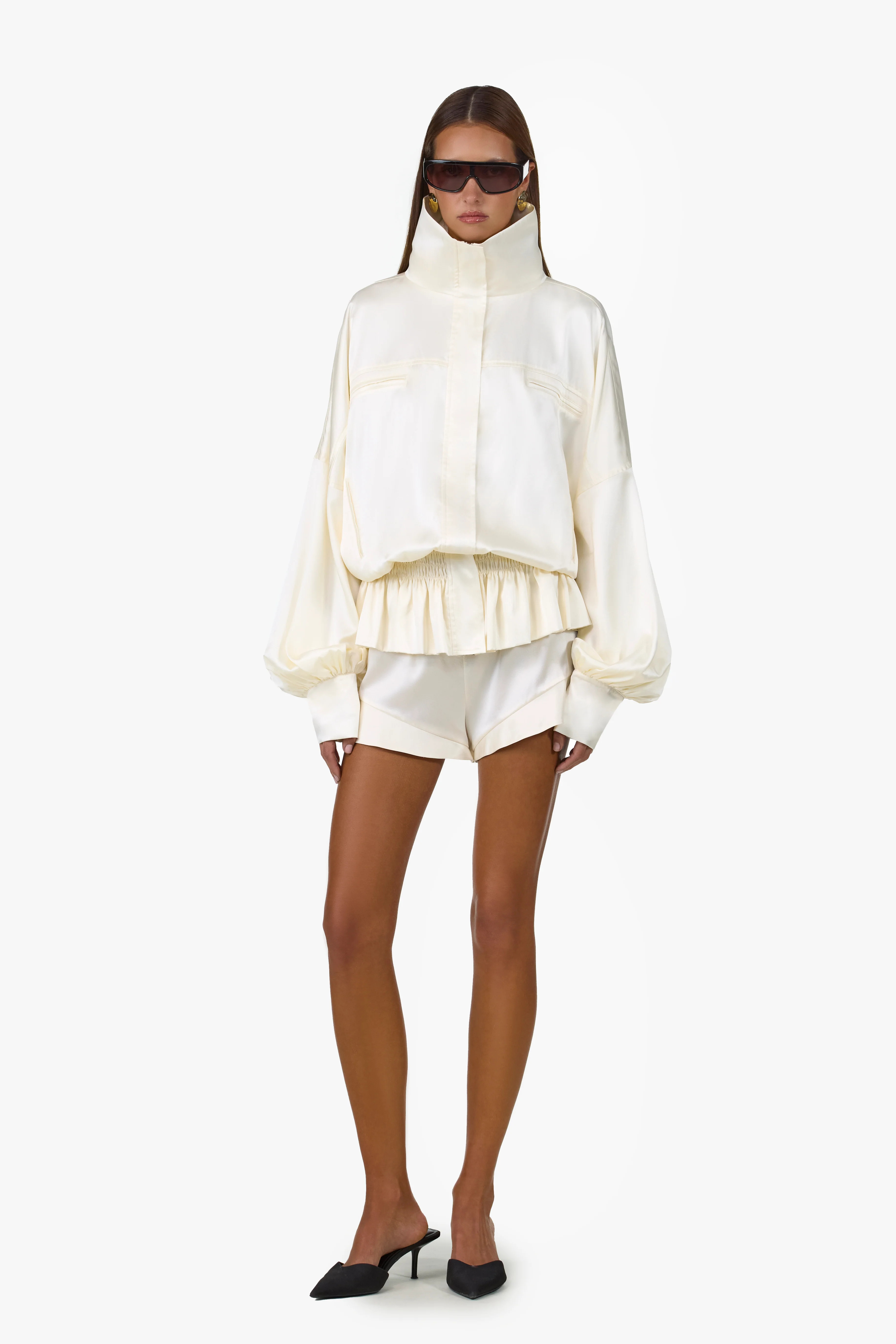 Silk Peplum Bomber Jacket (Cream) | SAME