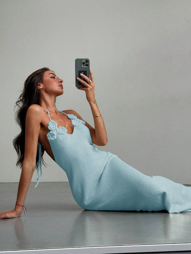 Aloruh Romantic Date Vacation Backless Wrap Tie Tight Knitted Floral Pattern Ladies Dress | SHEIN