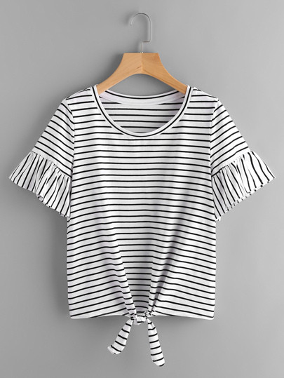 Trumpet Sleeve Knot Front Striped Tee | SHEIN