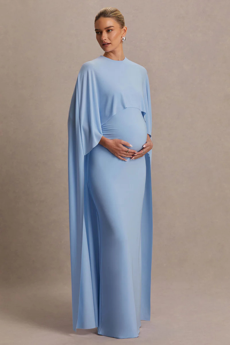 Padma  Powder Blue Draped Maternity Maxi Dress With Cape Sleeves | Club L London
