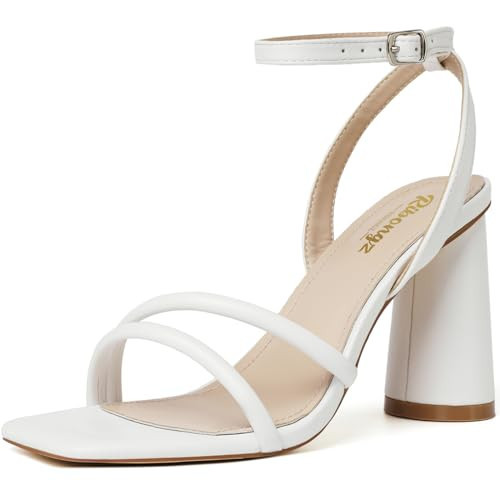 RIBONGZ White Heeled Sandals for Women Square Open Toe Chunky High Heels Ankle Strap Heeled Sandals Strappy Wedding Bridal Shoes High Heel Sandals for Party Dress 12 | Amazon (US)