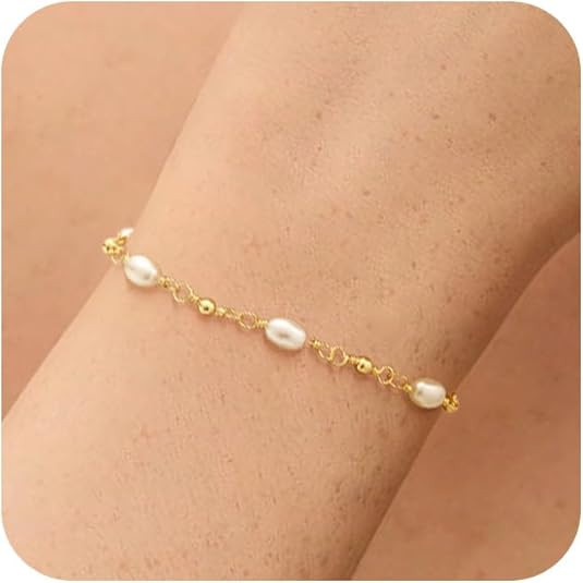 NECOCY 14K Gold Plated Pearl Bracelets for Women, Dainty Bracelets Stack Trendy Pearls Beaded Lin... | Amazon (US)