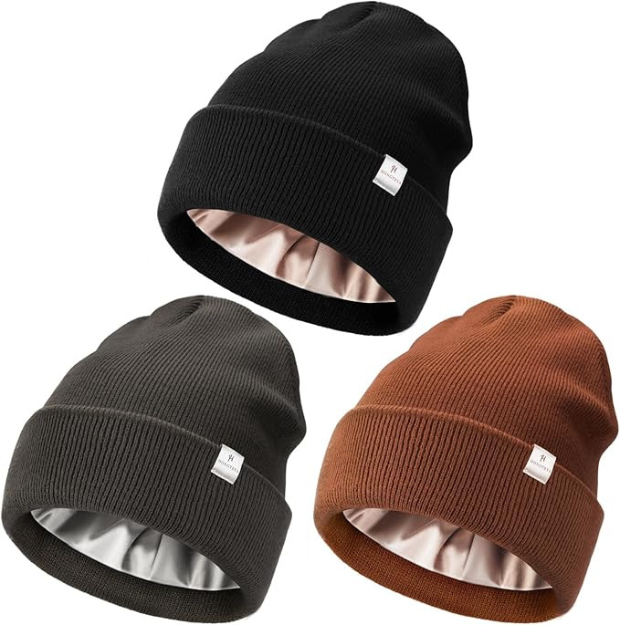 3 Pack Satin Lined Knit Beanie Hat Acrylic Winter Hats for Women Men Silk Lining Soft Slouchy Uni... | Amazon (US)