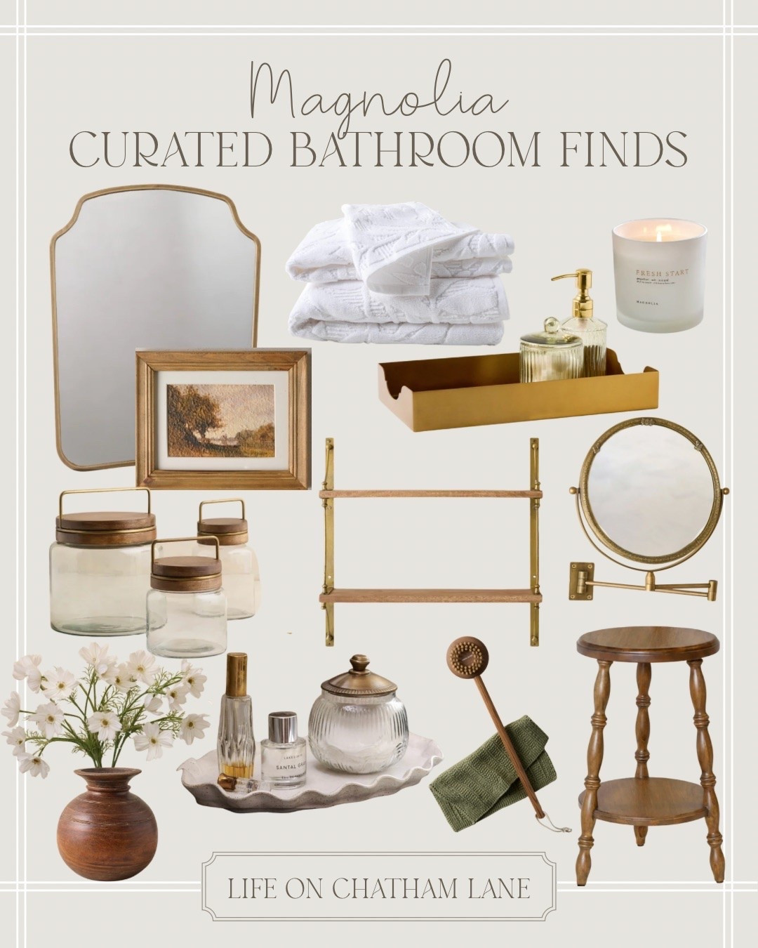 Curated bathroom finds from Magnolia!  Love these pretty vintage inspired finds for an elevated bathroom!  🤎 The brass and wood shelf is perfect for above a toilet!

#LTKHome