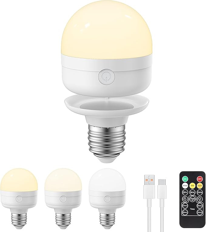 Rechargeable Light Bulbs with Remote Control Timer and 3 Color Temperature Options,Rechargeable W... | Amazon (US)