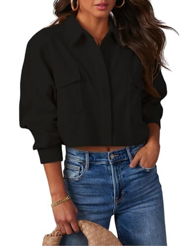 LAYOGAS Womens Cropped Corduroy Shacket Casual Long Sleeve Crop Button Down Shirts Jackets with Pocket | Amazon (US)