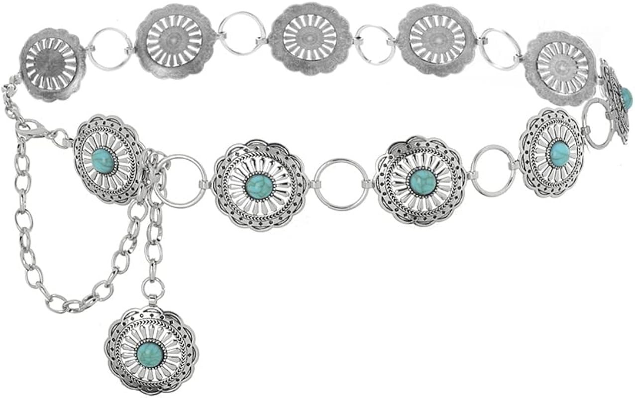 ELABEST Turquoise Chain Belt Silver Concho Belt Cowgirl Cowboy Western Waist Chain for Women and ... | Amazon (US)