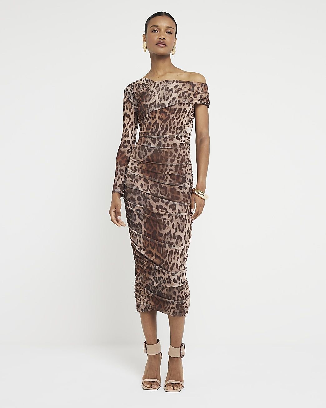 Brown leopard print ruched bodycon midi dress | River Island (UK & IE)