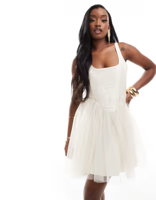 Lace & Beads corset drop waist tulle mini dress in buttercream | ASOS | ASOS (Global)