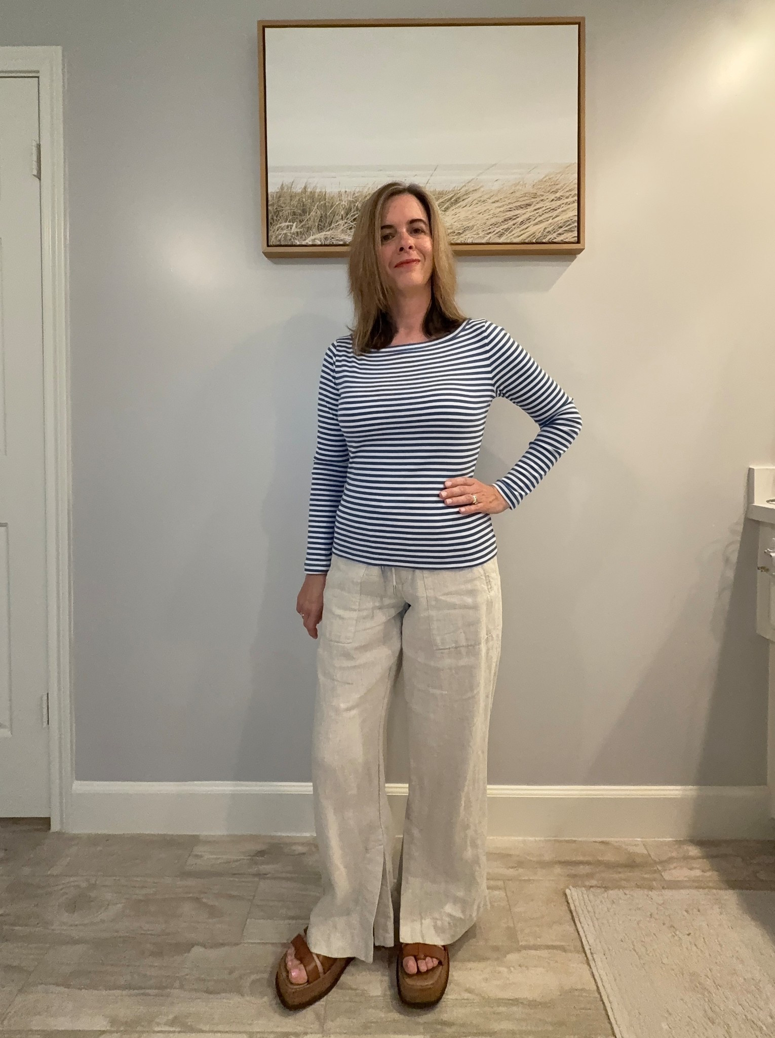 Effortless linen pants with striped boatneck top- can be worn casual or dressed up! 

#LTKPetite #LTKOver40 #LTKootd
