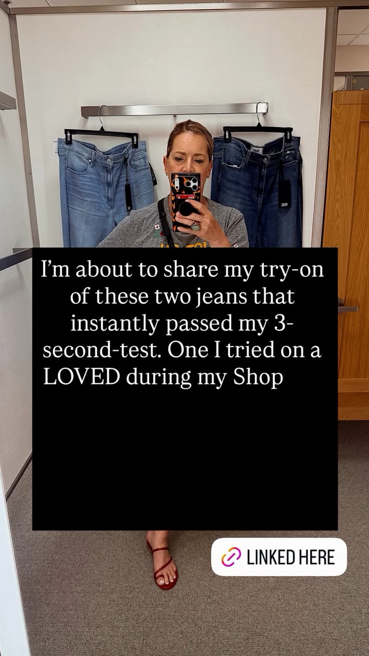 I’m about to share my try-on of these two jeans that instantly passed my 3-second-test. One I tried on a LOVED during my Shop My Closet Chslkrnfe do I didn’t buy them back then. Tried them again, loved them just as much and THEY ARE ON SALE! Waiting paid off!