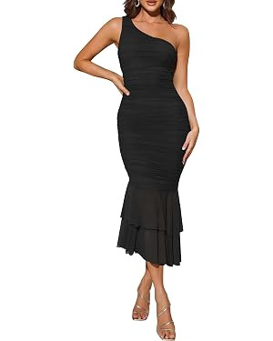 ZESICA Women's Summer One Shoulder Bodycon Cockatil Dress | Sleeceless, Mesh Ruched, Formal, Cock... | Amazon (US)