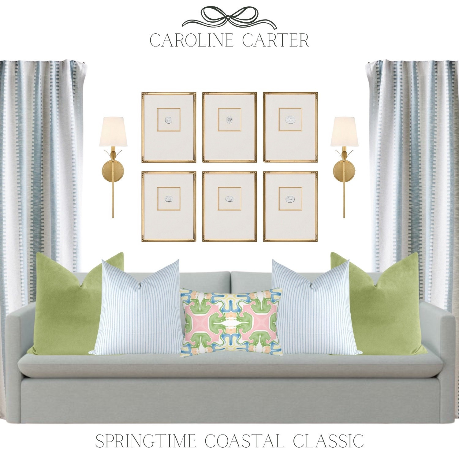 Springtime coastal classic 🌿 Soft blues, fresh greens, and timeless details for an effortless, elegant living space.

coastal living room, spring home decor, grandmillennial style, coastal grandmillennial, blue and green decor, classic home style, neutral sofa, throw pillows, patterned pillows, striped curtains, wall art gallery, brass wall sconces, elegant living room, timeless home decor, fresh spring interiors

#LTKSeasonal #LTKHome