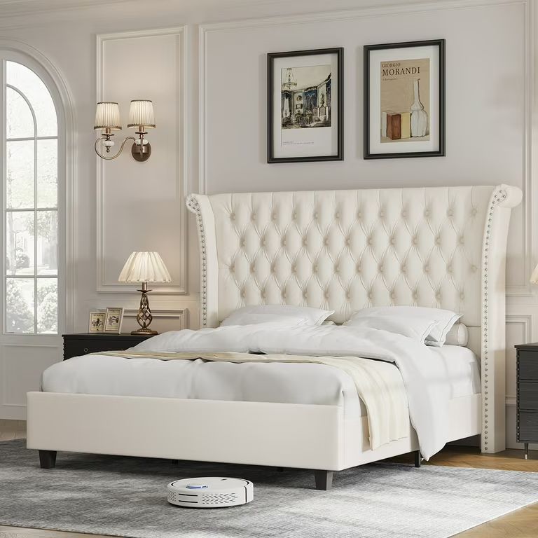Homfa King Size Bed Frame, Modern Velvet Tufted Upholstered Platform Bed with Rivet Rolled Edge H... | Walmart (US)