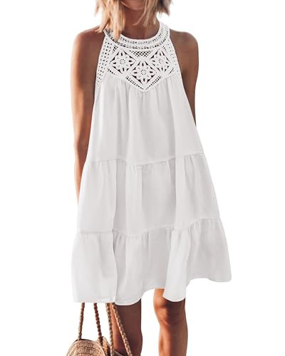 KIRUNDO Women Summer Halter Sundress 2026 Spring Casual Sleeveless Boho A Line Mini Beach Vacation Dress Cruise Resort Wear (White, Small) | Amazon (US)